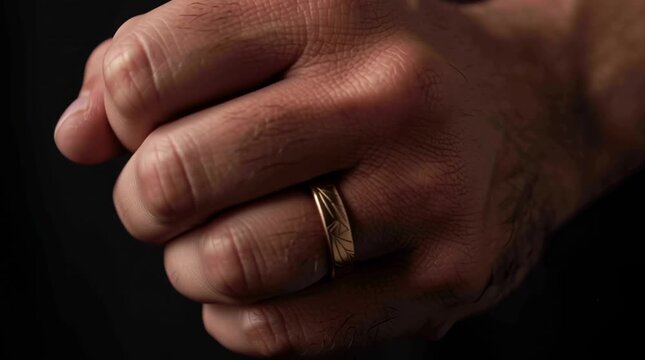 Male Hand Models Engraved Gold Band Ring in Dramatic Closeup for Luxury Jewelry and Wedding Campaign