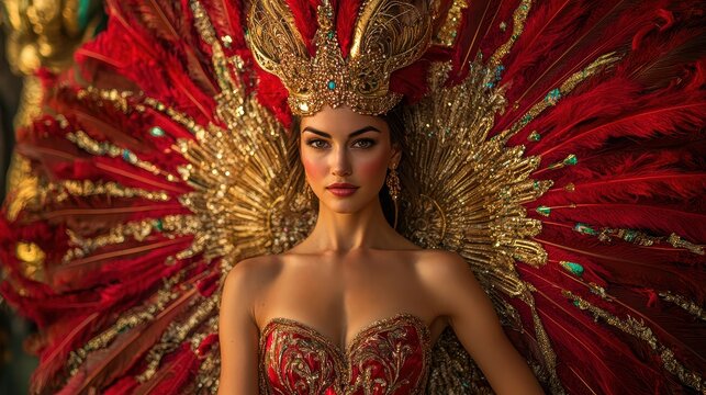 Woman in red carnival costume with gold crown and large feather wings