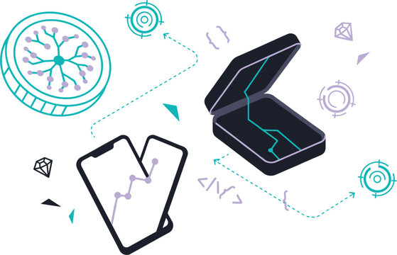 Isometric Fintech and Blockchain Ledger Technology Vector Set with Cryptocurrency Token, Safe Deposit Box, Mobile Trading App, and Data Code Elements