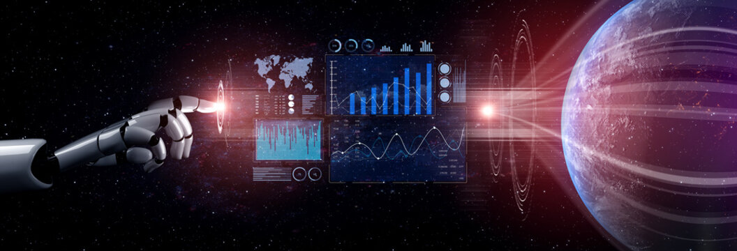 A futuristic robotic hand points at a digital interface showcasing data visualization and Earth representation in a captivating space backdrop. Scalp