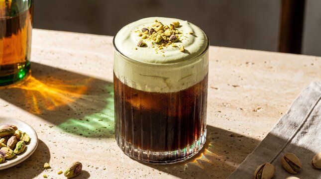 Iced Cold Brew Coffee with Pistachio Cold Foam. High-contrast photo of iced cold brew coffee topped with pale green pistachio cold foam.
