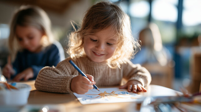 Smiling young girl wearing eyeglasses and overalls beside books at her desk, child learner, classroom portrait, school readiness, new semester, early education, first school day, study tim