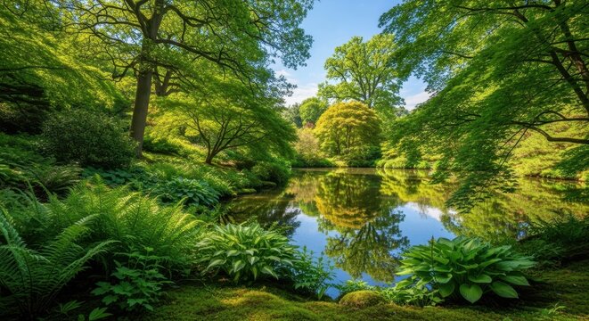Lush green forest park with pond and reflection background