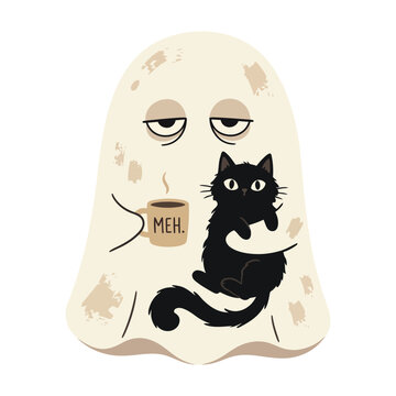 Cute Spooky Ghost with Black Cat and Coffee Mug Halloween Cozy Illustration