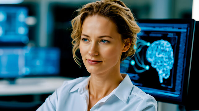 A woman with blonde hair and blue eyes is smiling at the camera wearing a white shirt and standing in front of a computer screen with a brain image on it