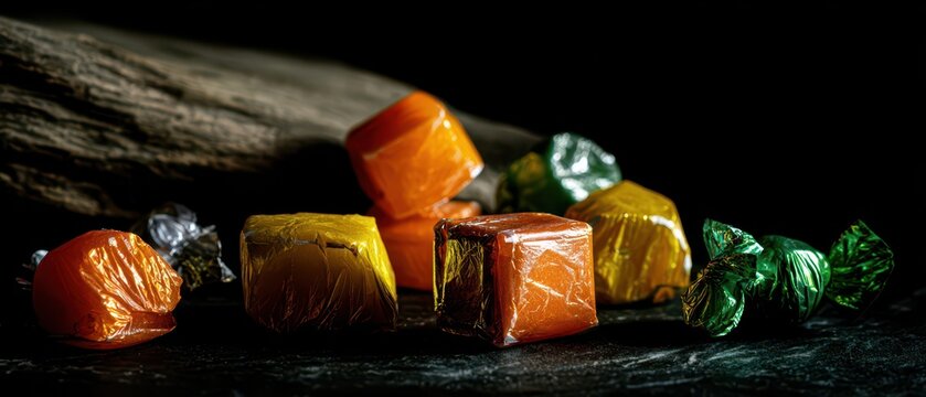 Mixed halloween foil wrapped round and square candies in orange yellow green on a dark wooden background for seasonal poster and product display