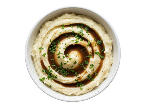 Swirl of mashed potatoes with gravy isolated on transparent background