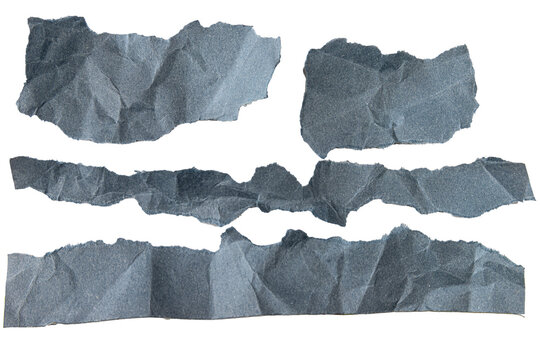 Set of torn grey crumpled paper strips isolated on transparent background for digital collages.