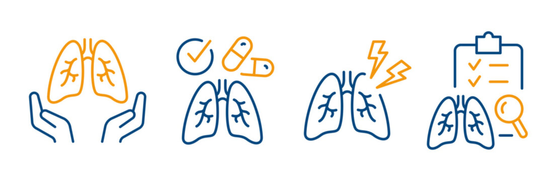 lungs icons, outline icon set of pain lungs, examination of the respiratory system, pills for respiratory diseases, care lungs, vector linear editable symbols on white