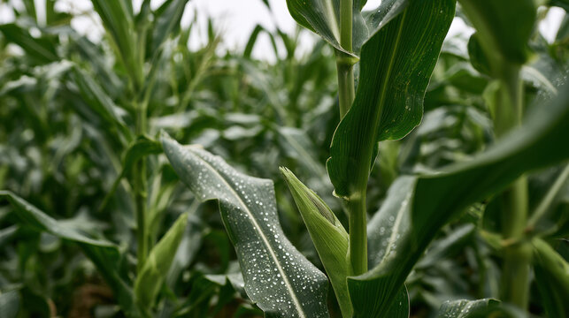Green corn plants with developing ears and water droplets growing in a lush agricultural field during the crop season