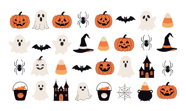 Playful Halloween Pumpkin Ghost and Monster Character Set.