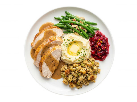 Thanksgiving turkey dinner plate isolated on transparent background