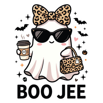 Cute Halloween Ghost with Leopard Bow, Sunglasses, Coffee and Handbag