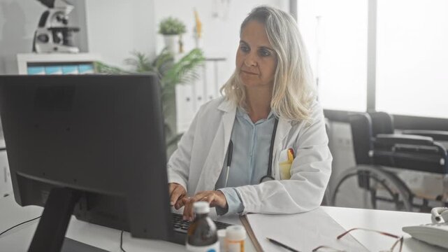 Woman doctor typing on keyboard at desk with stethoscope, computer, clipboard and medicine bottles near wheelchair in building; calm focus.