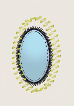 A stylized scientific illustration of a virus particle. The central light blue oval represents the viral envelope, surrounded by a black spiked border. Numerous small yellow star‑like shapes radiate o