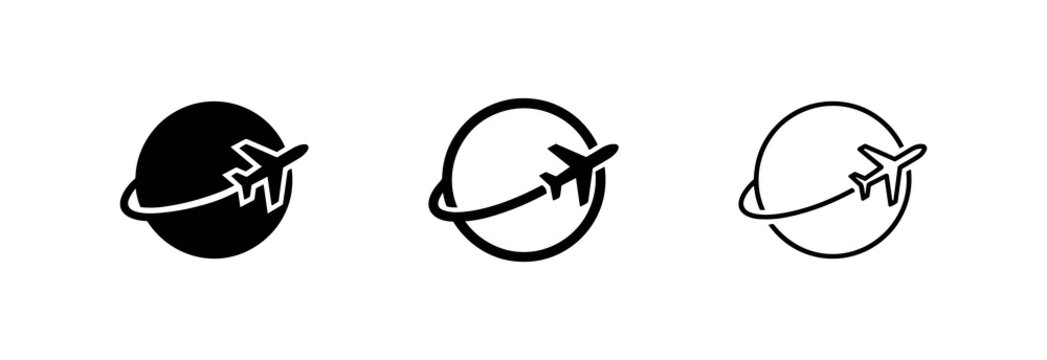 Global travel and delivery icon set, airplane circling the world symbol in various styles