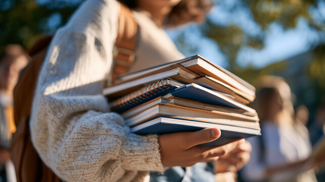 student holding books stack, back to school concept, college student with notebooks, education and learning lifestyle, university campus student life, student ready for classes, academic success