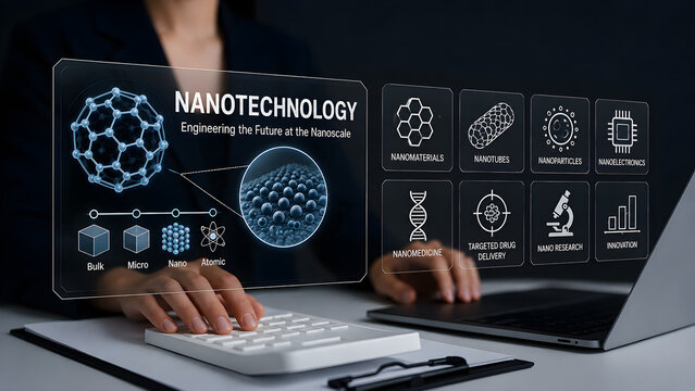Nanotechnology concept engineering the future at the nanoscale with fullerene molecule and nanoparticle diagram on screen