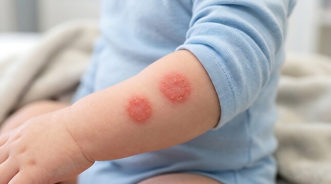 Child's arm with swollen insect bites and noticeable skin redness