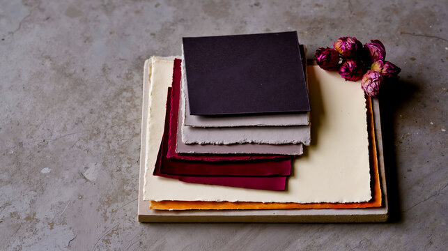A collection of colorful paper samples arranged on a concrete surface