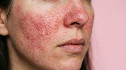 Fototapeta premium Young woman face showing symptoms of rosacea skin condition with redness and inflammation