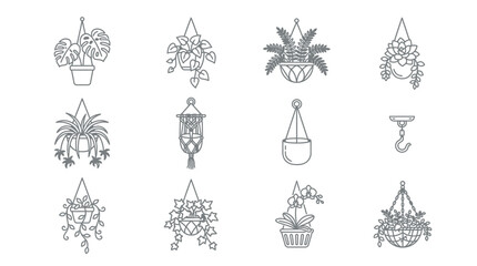 Fototapeta premium Collection of Hanging Potted Plants and Macrame Hangers, Isolated Icons