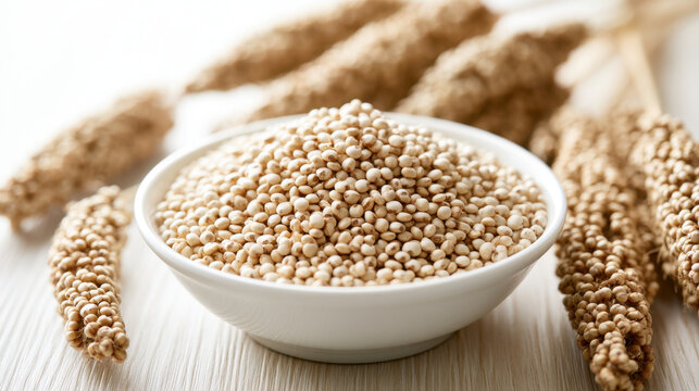 Raw white sorghum grain in a ceramic bowl surrounded by dried mature sorghum seed heads on a clean light wooden background