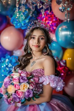 Quinceanera celebration with elegant gown and floral bouquet for 15th birthday party