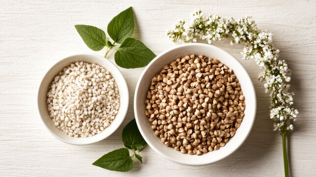 Buckwheat groats in white ceramic bowls with green leaves and delicate white buckwheat flowers arranged on a bright textured background