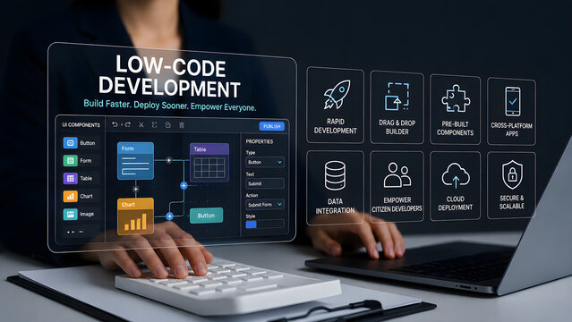 Low-code development concept build faster deploy sooner empower everyone with visual app builder on holographic display