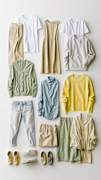 A collection of clothing items including shirts pants skirts and shoes displayed against a white background