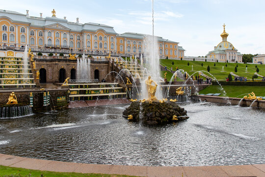 Grand Cascade and Grand Palace of the Palace and Park Ensemble in Peterhof, St. Petersburg, Russia