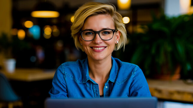 A smiling woman with short blonde hair and glasses wearing a blue shirt sitting at a table with a laptop