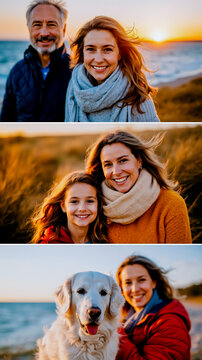 A collage of four photos featuring a family of three at the beach with the sun setting in the background