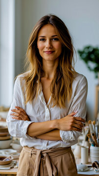 A woman with long blonde hair wearing a white shirt and brown pants stands with her arms crossed in front of her smiling at the camera