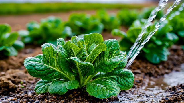 A close-up of a green leafy plant with water droplets on it surrounded by soil and water
