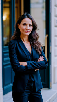 A woman in a black suit and necklace standing with her arms crossed smiling at the camera