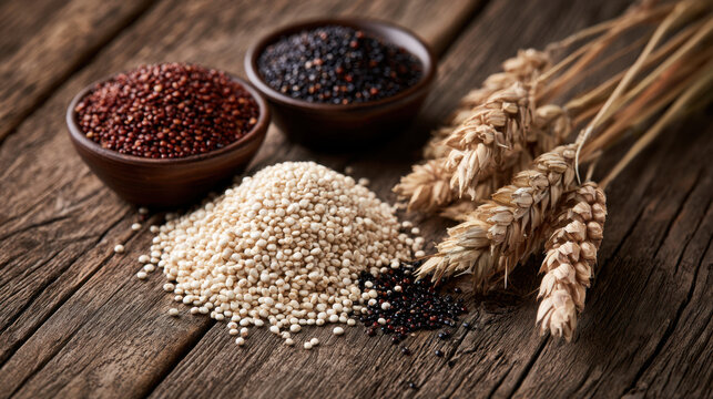 Red white and black quinoa grains displayed in bowls with dried seed heads on a rustic wooden table