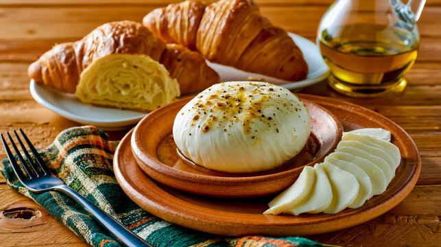A rustic wooden table set with a variety of foods including a plate of croissants a plate with a whole garlic bulb and sliced garlic and a bottle of olive oil