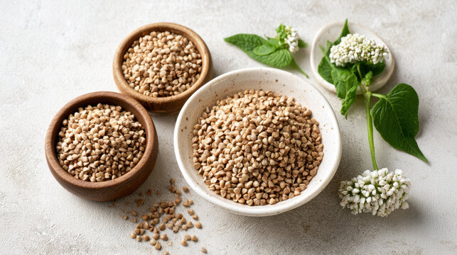 Raw buckwheat groats arranged in ceramic and wooden bowls beside green leaves and delicate white flowers on a light background
