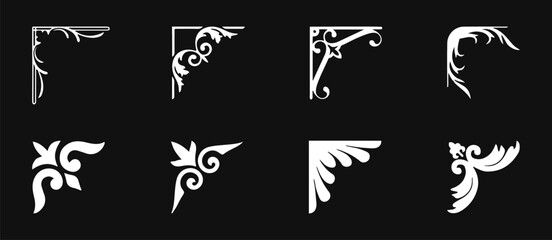 Obraz premium Ornate white decorative corner frame collection on a dark background. Elegant vintage flourishes with curled botanical motifs for borders, invitations, certificates and luxury stationery. Classic 