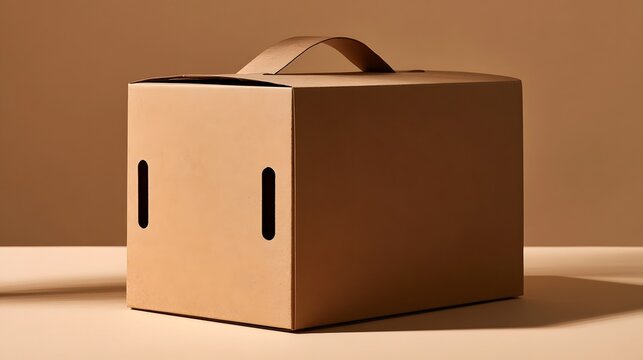 A minimalist brown cardboard box with a handle and side slots  set against a warm toned background with soft shadows
