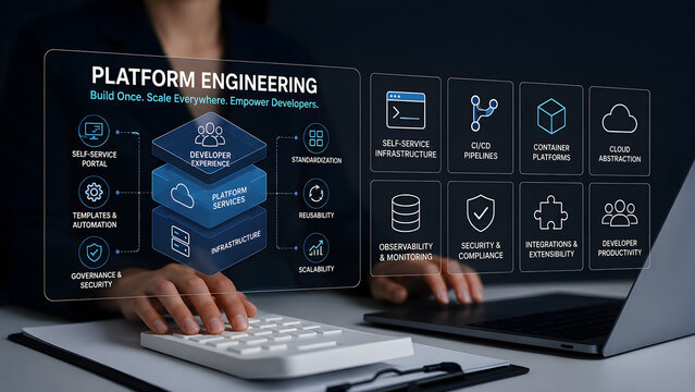 Platform engineering concept build once scale everywhere empower developers with platform services architecture diagram