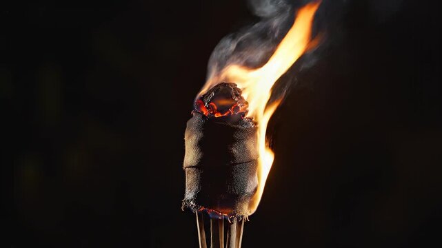 Burning torch with flickering flame and smoke against dark background cinematic motion for adventure concepts