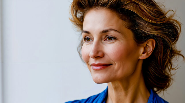 A woman with brown hair and blue eyes is smiling at the camera