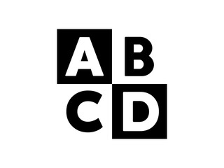 Alphabet letter block icon set featuring A B C and D isolated on white background. Bold black typography symbols create a simple educational graphic for learning, signage and design. © Sk