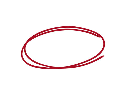 Red oval circle outline with overlapping hand drawn sketch lines. Simple marker loop creates a highlight shape for notes, diagrams, logos, icons, posters, and modern graphic design. Vector.
