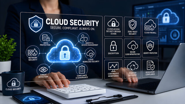 Cloud security concept secure compliant always on with glowing cloud padlock and zero trust security icons on display