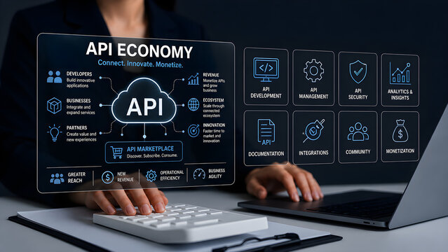 API economy concept connect innovate monetize with API cloud diagram and developer ecosystem icons on holographic screen