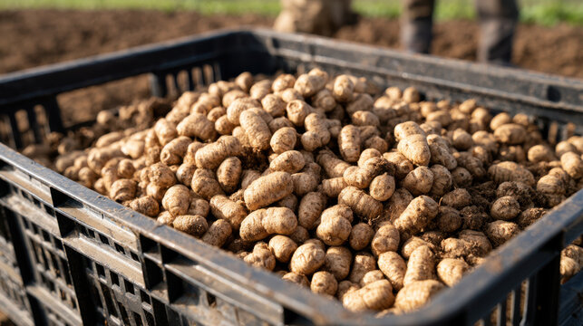Freshly dug tiger nuts piled in a black reusable harvest crate on farmland with farm workers in the background